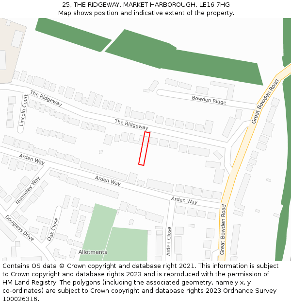 25, THE RIDGEWAY, MARKET HARBOROUGH, LE16 7HG: Location map and indicative extent of plot