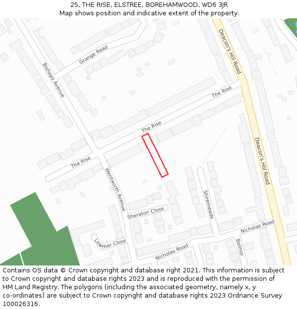 25, THE RISE, ELSTREE, BOREHAMWOOD, WD6 3JR: Location map and indicative extent of plot