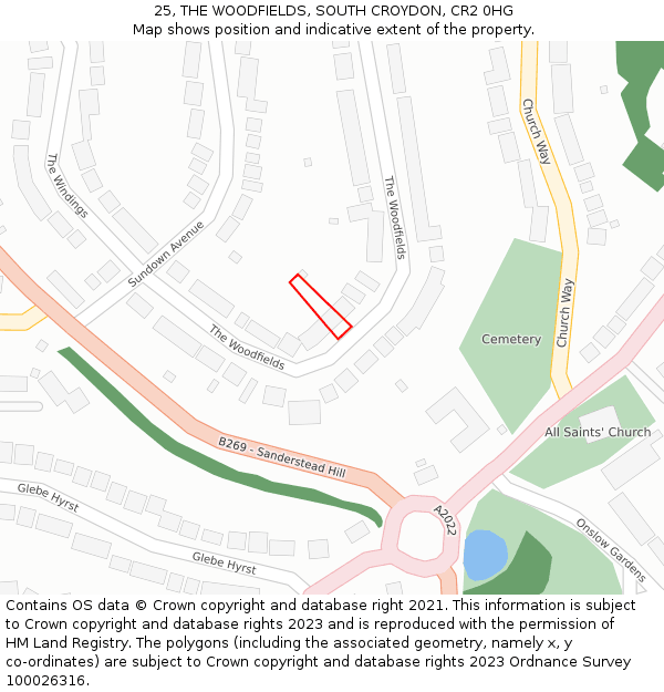 25, THE WOODFIELDS, SOUTH CROYDON, CR2 0HG: Location map and indicative extent of plot