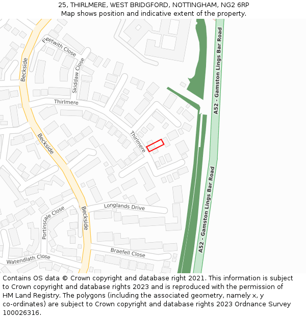 25, THIRLMERE, WEST BRIDGFORD, NOTTINGHAM, NG2 6RP: Location map and indicative extent of plot