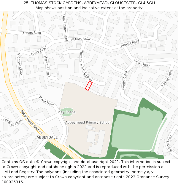 25, THOMAS STOCK GARDENS, ABBEYMEAD, GLOUCESTER, GL4 5GH: Location map and indicative extent of plot