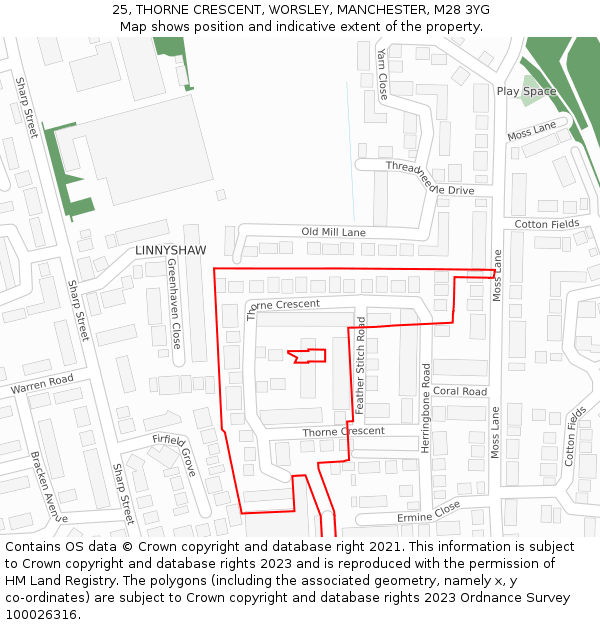 25, THORNE CRESCENT, WORSLEY, MANCHESTER, M28 3YG: Location map and indicative extent of plot