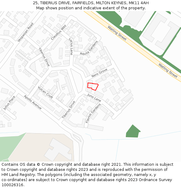 25, TIBERIUS DRIVE, FAIRFIELDS, MILTON KEYNES, MK11 4AH: Location map and indicative extent of plot