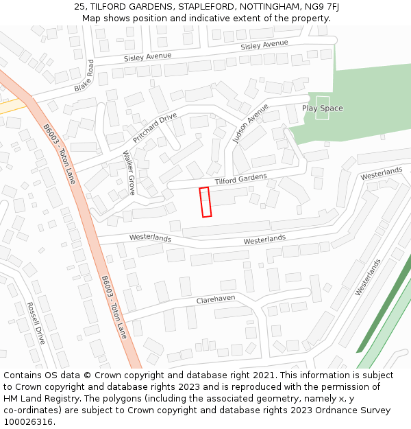 25, TILFORD GARDENS, STAPLEFORD, NOTTINGHAM, NG9 7FJ: Location map and indicative extent of plot