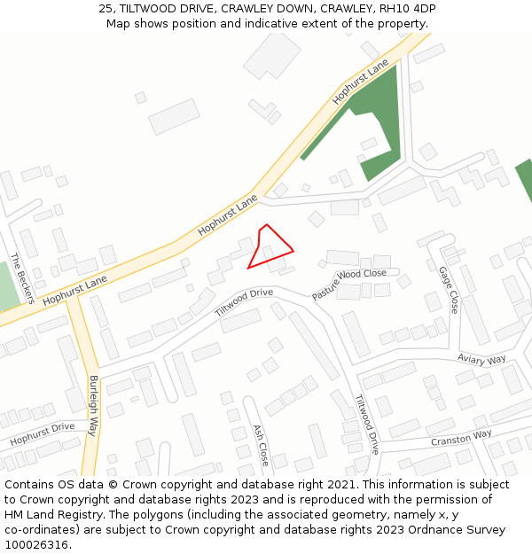 25, TILTWOOD DRIVE, CRAWLEY DOWN, CRAWLEY, RH10 4DP: Location map and indicative extent of plot