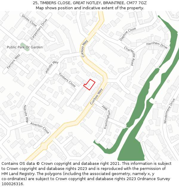 25, TIMBERS CLOSE, GREAT NOTLEY, BRAINTREE, CM77 7GZ: Location map and indicative extent of plot
