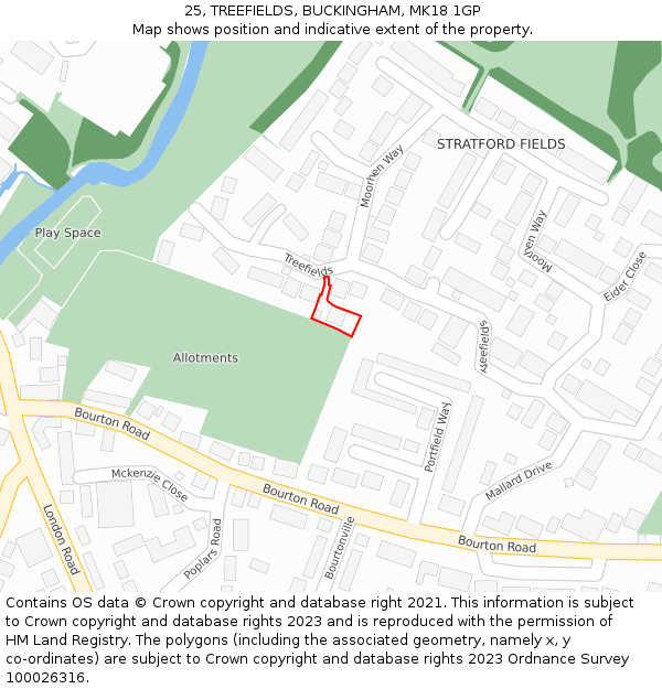 25, TREEFIELDS, BUCKINGHAM, MK18 1GP: Location map and indicative extent of plot