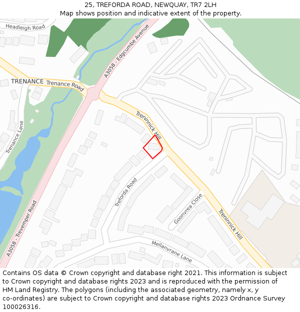 25, TREFORDA ROAD, NEWQUAY, TR7 2LH: Location map and indicative extent of plot