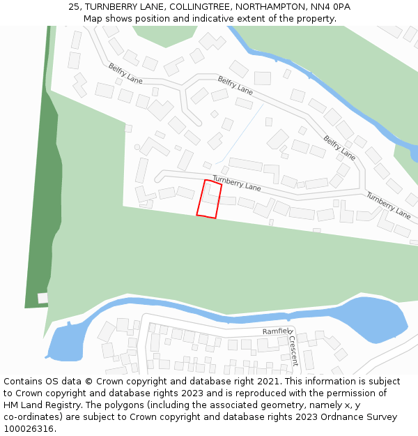 25, TURNBERRY LANE, COLLINGTREE, NORTHAMPTON, NN4 0PA: Location map and indicative extent of plot