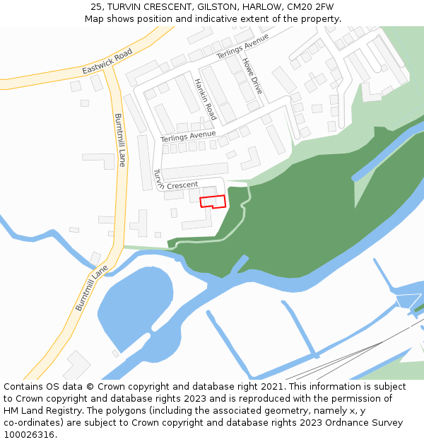 25, TURVIN CRESCENT, GILSTON, HARLOW, CM20 2FW: Location map and indicative extent of plot