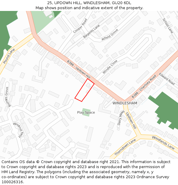 25, UPDOWN HILL, WINDLESHAM, GU20 6DL: Location map and indicative extent of plot