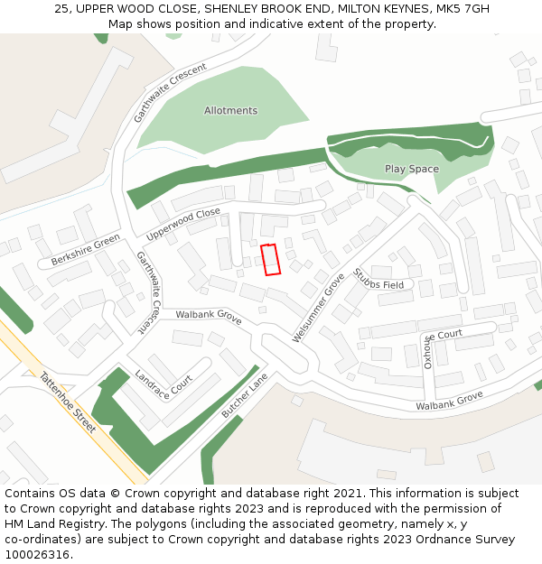 25, UPPER WOOD CLOSE, SHENLEY BROOK END, MILTON KEYNES, MK5 7GH: Location map and indicative extent of plot