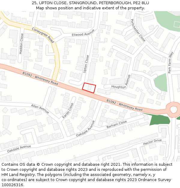 25, UPTON CLOSE, STANGROUND, PETERBOROUGH, PE2 8LU: Location map and indicative extent of plot