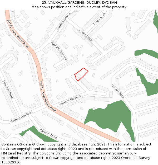 25, VAUXHALL GARDENS, DUDLEY, DY2 8AH: Location map and indicative extent of plot