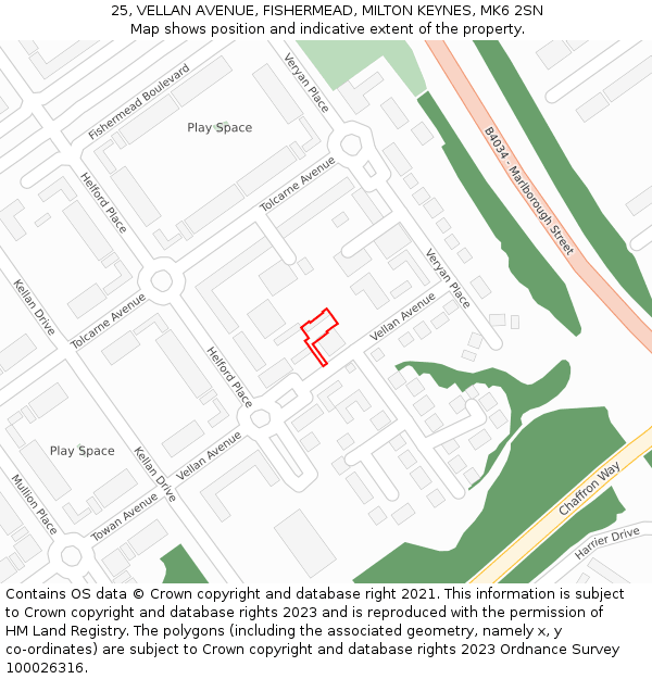 25, VELLAN AVENUE, FISHERMEAD, MILTON KEYNES, MK6 2SN: Location map and indicative extent of plot