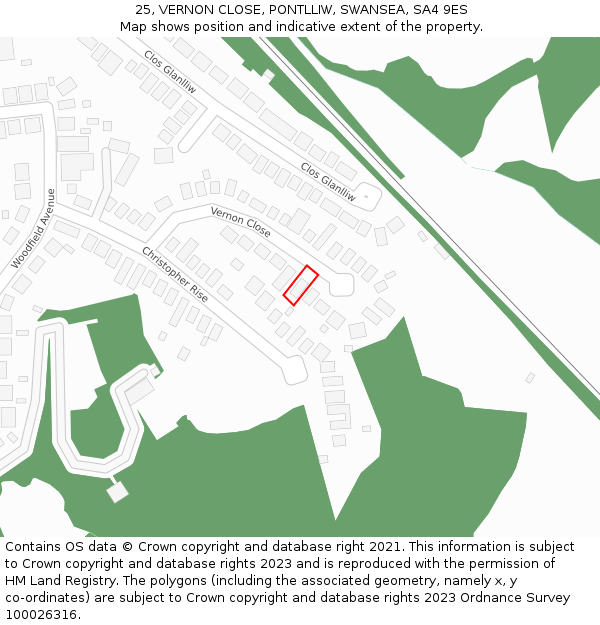 25, VERNON CLOSE, PONTLLIW, SWANSEA, SA4 9ES: Location map and indicative extent of plot