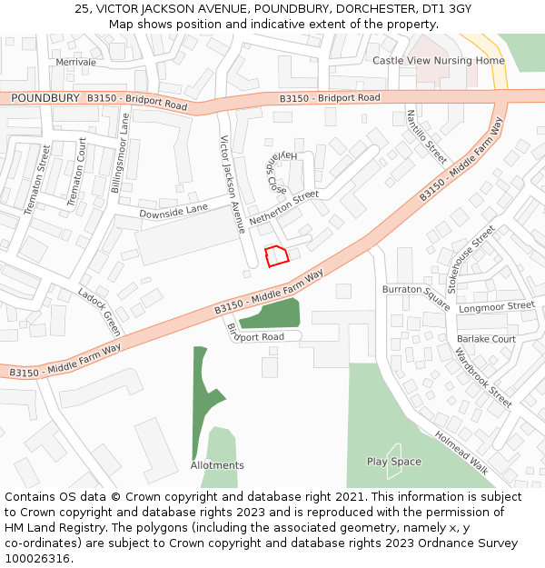 25, VICTOR JACKSON AVENUE, POUNDBURY, DORCHESTER, DT1 3GY: Location map and indicative extent of plot