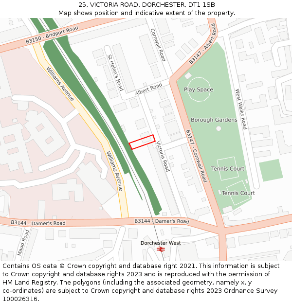 25, VICTORIA ROAD, DORCHESTER, DT1 1SB: Location map and indicative extent of plot