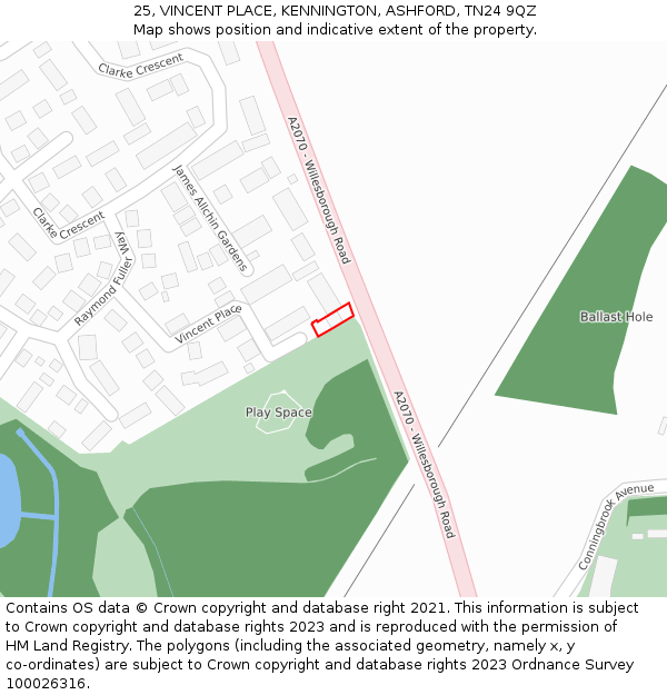 25, VINCENT PLACE, KENNINGTON, ASHFORD, TN24 9QZ: Location map and indicative extent of plot