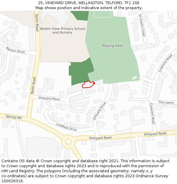 25, VINEYARD DRIVE, WELLINGTON, TELFORD, TF1 1SE: Location map and indicative extent of plot