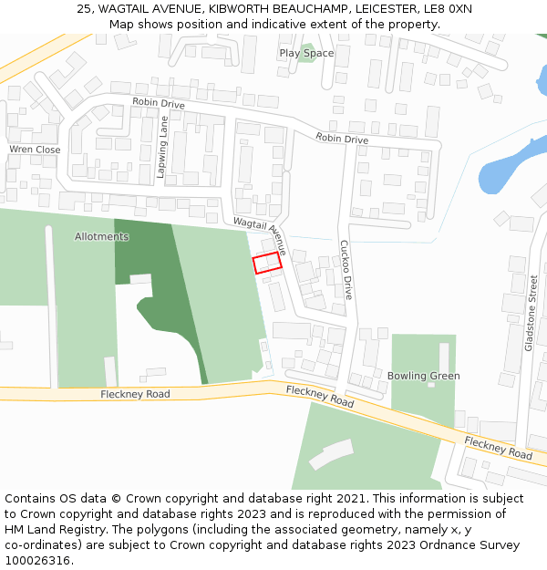25, WAGTAIL AVENUE, KIBWORTH BEAUCHAMP, LEICESTER, LE8 0XN: Location map and indicative extent of plot