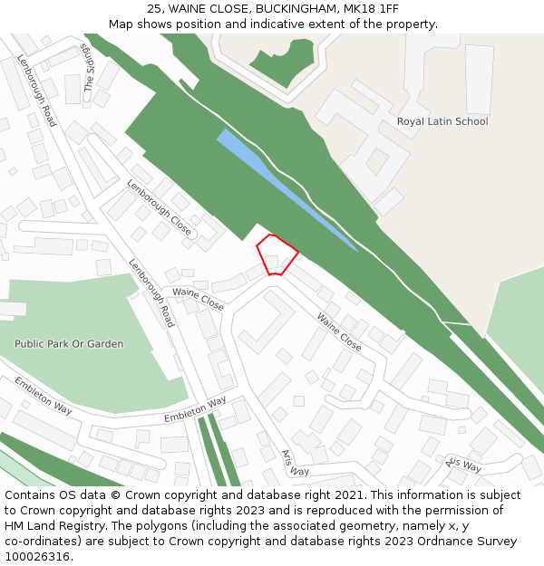 25, WAINE CLOSE, BUCKINGHAM, MK18 1FF: Location map and indicative extent of plot