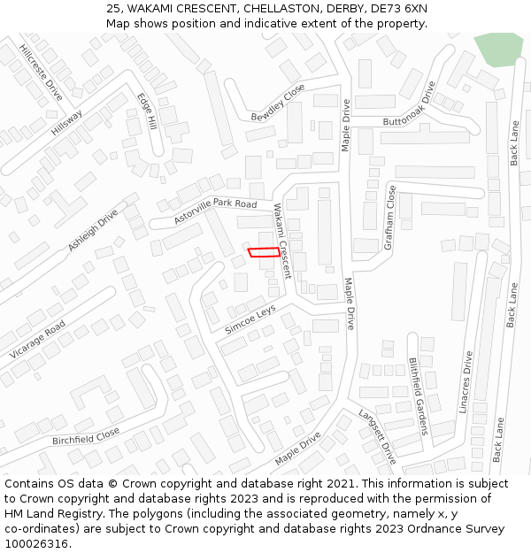 25, WAKAMI CRESCENT, CHELLASTON, DERBY, DE73 6XN: Location map and indicative extent of plot