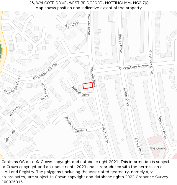 25, WALCOTE DRIVE, WEST BRIDGFORD, NOTTINGHAM, NG2 7JQ: Location map and indicative extent of plot