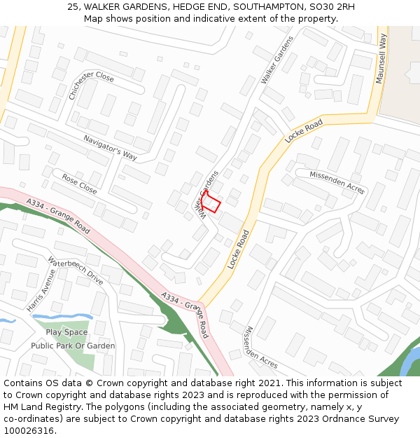 25, WALKER GARDENS, HEDGE END, SOUTHAMPTON, SO30 2RH: Location map and indicative extent of plot