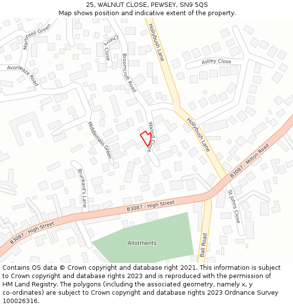 25, WALNUT CLOSE, PEWSEY, SN9 5QS: Location map and indicative extent of plot