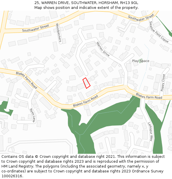 25, WARREN DRIVE, SOUTHWATER, HORSHAM, RH13 9GL: Location map and indicative extent of plot