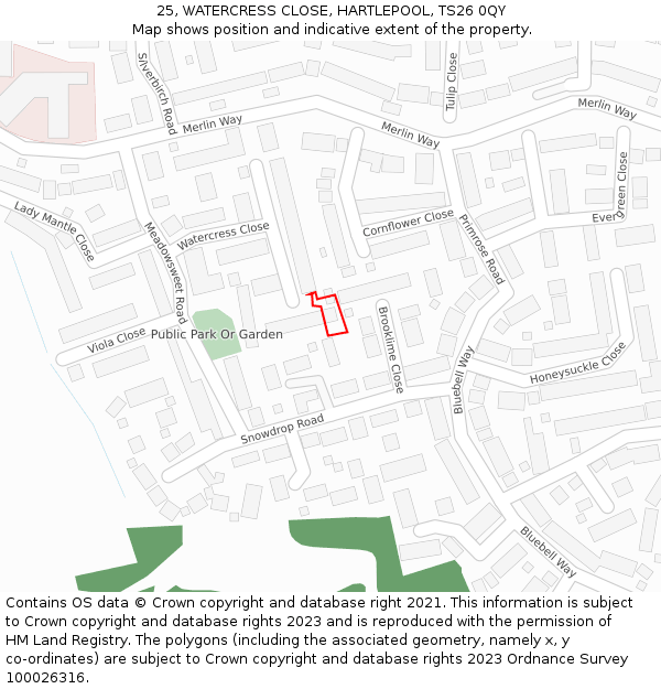 25, WATERCRESS CLOSE, HARTLEPOOL, TS26 0QY: Location map and indicative extent of plot