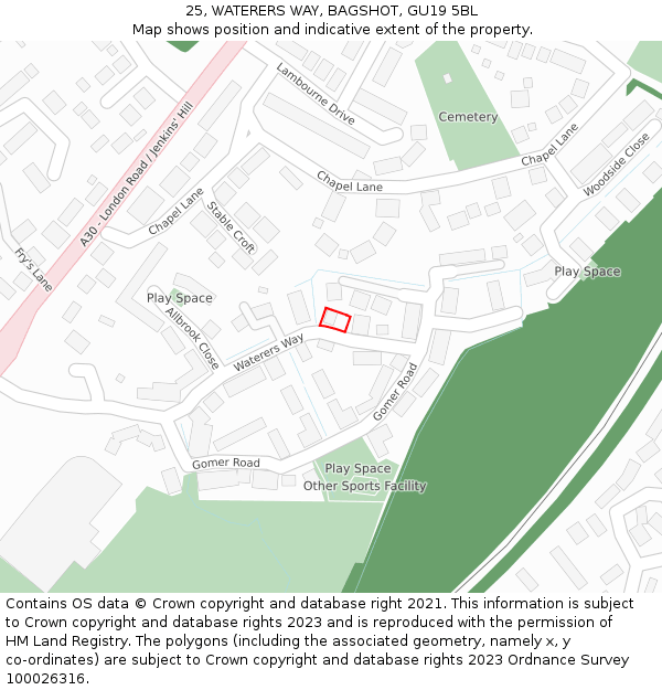 25, WATERERS WAY, BAGSHOT, GU19 5BL: Location map and indicative extent of plot