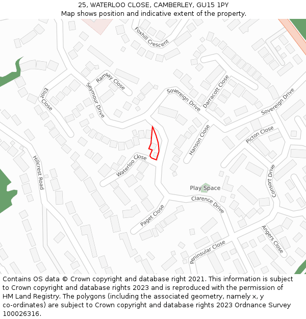 25, WATERLOO CLOSE, CAMBERLEY, GU15 1PY: Location map and indicative extent of plot