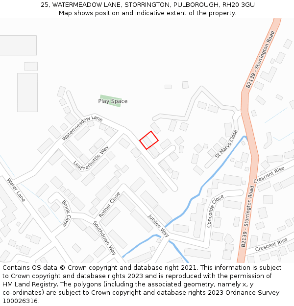 25, WATERMEADOW LANE, STORRINGTON, PULBOROUGH, RH20 3GU: Location map and indicative extent of plot