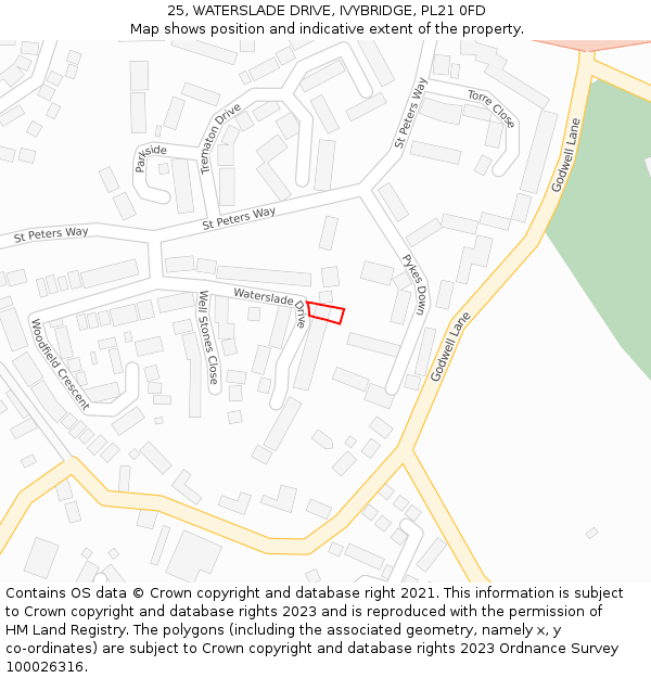 25, WATERSLADE DRIVE, IVYBRIDGE, PL21 0FD: Location map and indicative extent of plot