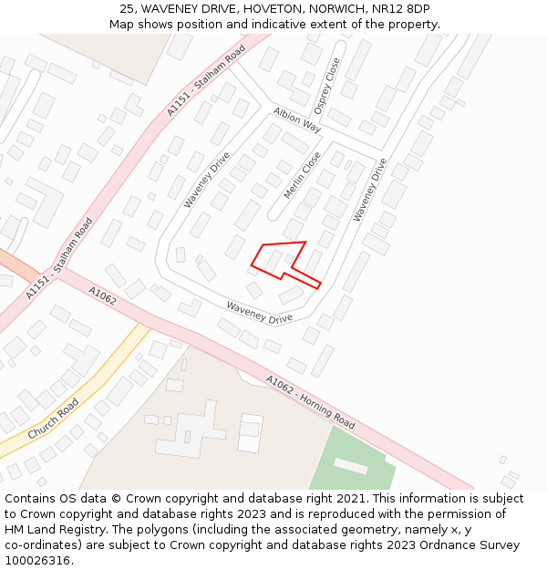 25, WAVENEY DRIVE, HOVETON, NORWICH, NR12 8DP: Location map and indicative extent of plot