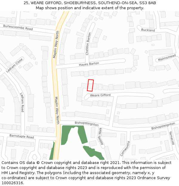 25, WEARE GIFFORD, SHOEBURYNESS, SOUTHEND-ON-SEA, SS3 8AB: Location map and indicative extent of plot