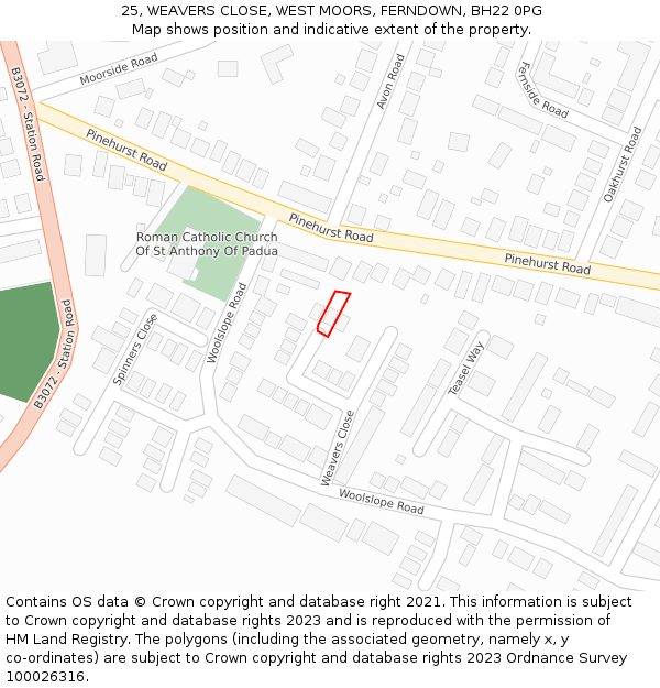25, WEAVERS CLOSE, WEST MOORS, FERNDOWN, BH22 0PG: Location map and indicative extent of plot