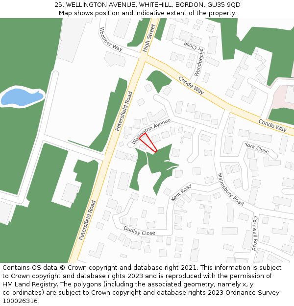 25, WELLINGTON AVENUE, WHITEHILL, BORDON, GU35 9QD: Location map and indicative extent of plot