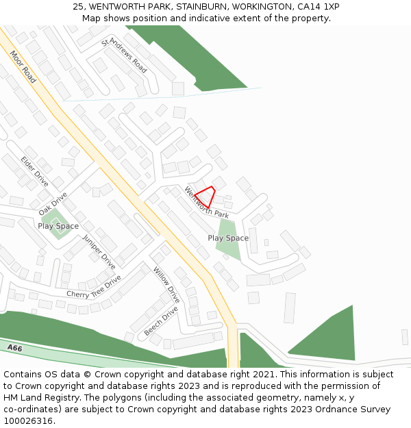 25, WENTWORTH PARK, STAINBURN, WORKINGTON, CA14 1XP: Location map and indicative extent of plot