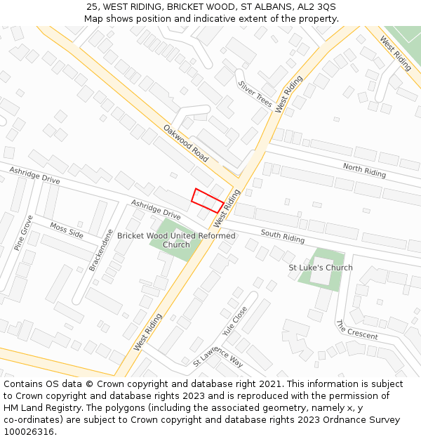 25, WEST RIDING, BRICKET WOOD, ST ALBANS, AL2 3QS: Location map and indicative extent of plot