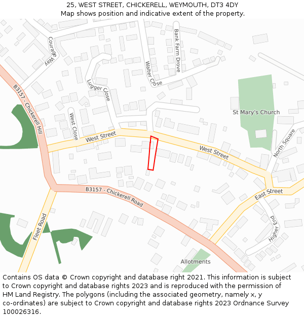 25, WEST STREET, CHICKERELL, WEYMOUTH, DT3 4DY: Location map and indicative extent of plot