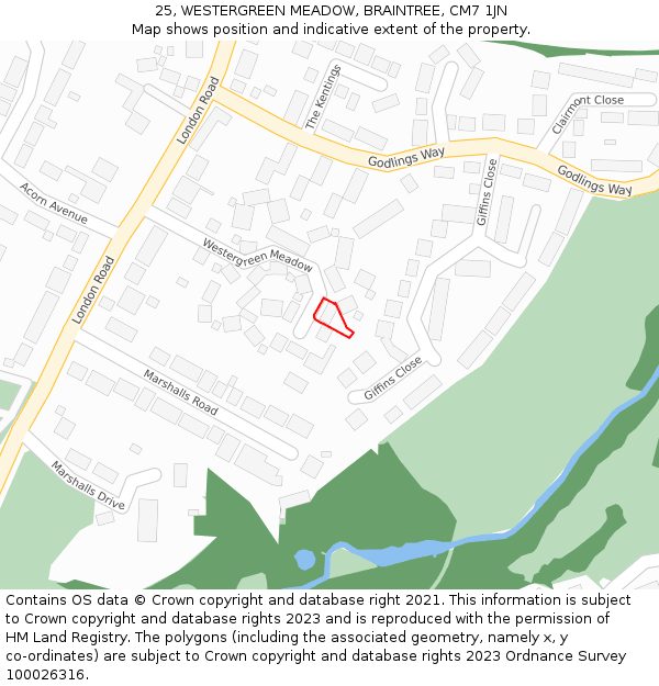 25, WESTERGREEN MEADOW, BRAINTREE, CM7 1JN: Location map and indicative extent of plot