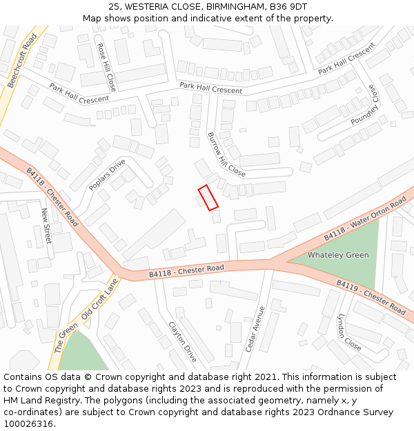 25, WESTERIA CLOSE, BIRMINGHAM, B36 9DT: Location map and indicative extent of plot