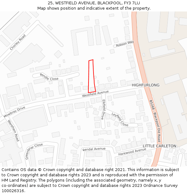 25, WESTFIELD AVENUE, BLACKPOOL, FY3 7LU: Location map and indicative extent of plot