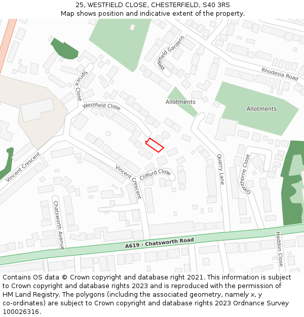 25, WESTFIELD CLOSE, CHESTERFIELD, S40 3RS: Location map and indicative extent of plot