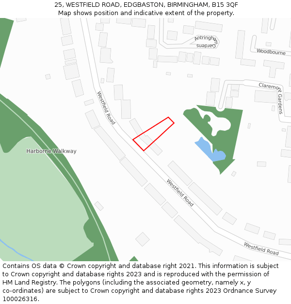 25, WESTFIELD ROAD, EDGBASTON, BIRMINGHAM, B15 3QF: Location map and indicative extent of plot