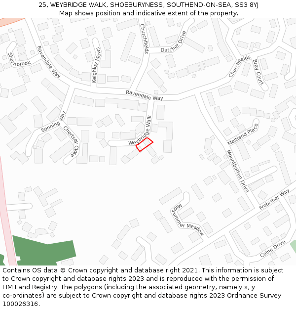 25, WEYBRIDGE WALK, SHOEBURYNESS, SOUTHEND-ON-SEA, SS3 8YJ: Location map and indicative extent of plot