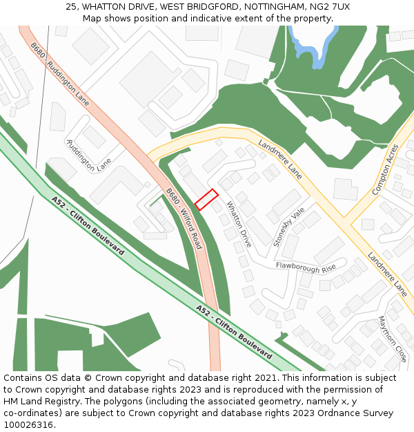 25, WHATTON DRIVE, WEST BRIDGFORD, NOTTINGHAM, NG2 7UX: Location map and indicative extent of plot